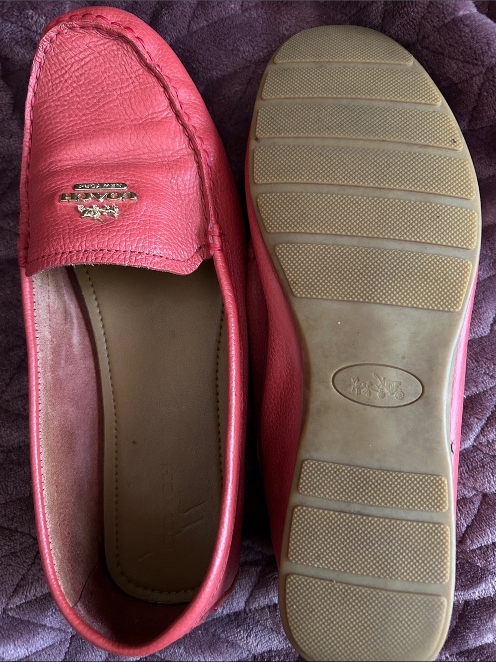 Coach Women's Coral-Red Leather Slip-On Loafers - Picture 2 of 3